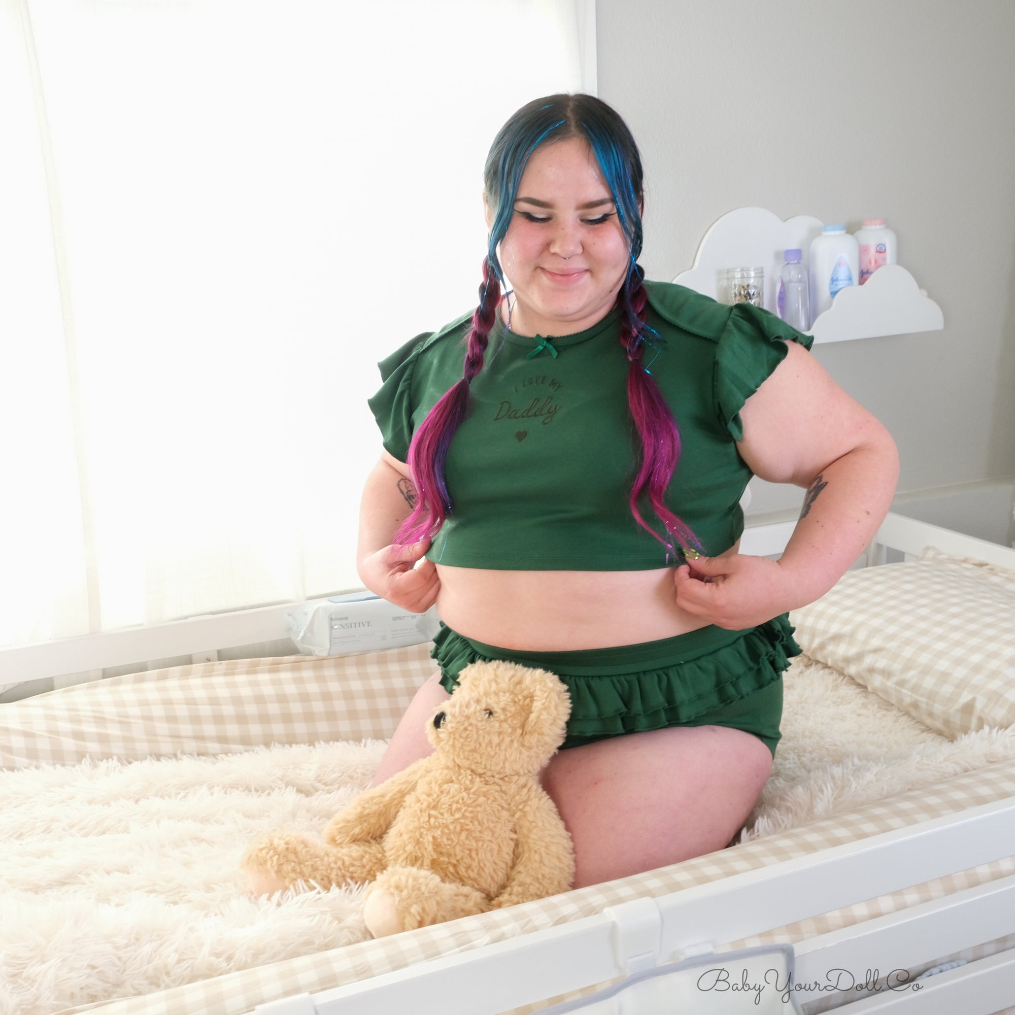 I Love My.. Daddy/Mommy | Green Embroidered Double Ruffle Set