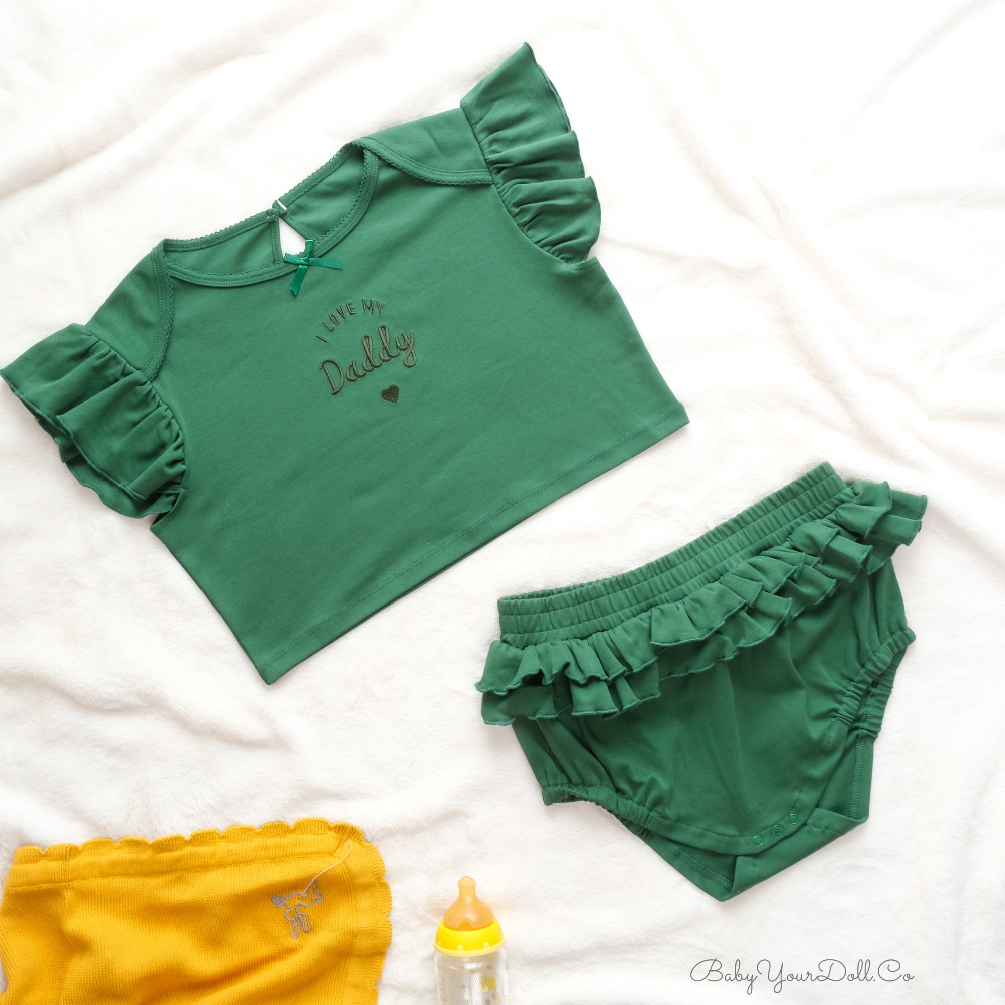 I Love My.. Daddy/Mommy | Green Embroidered Double Ruffle Set