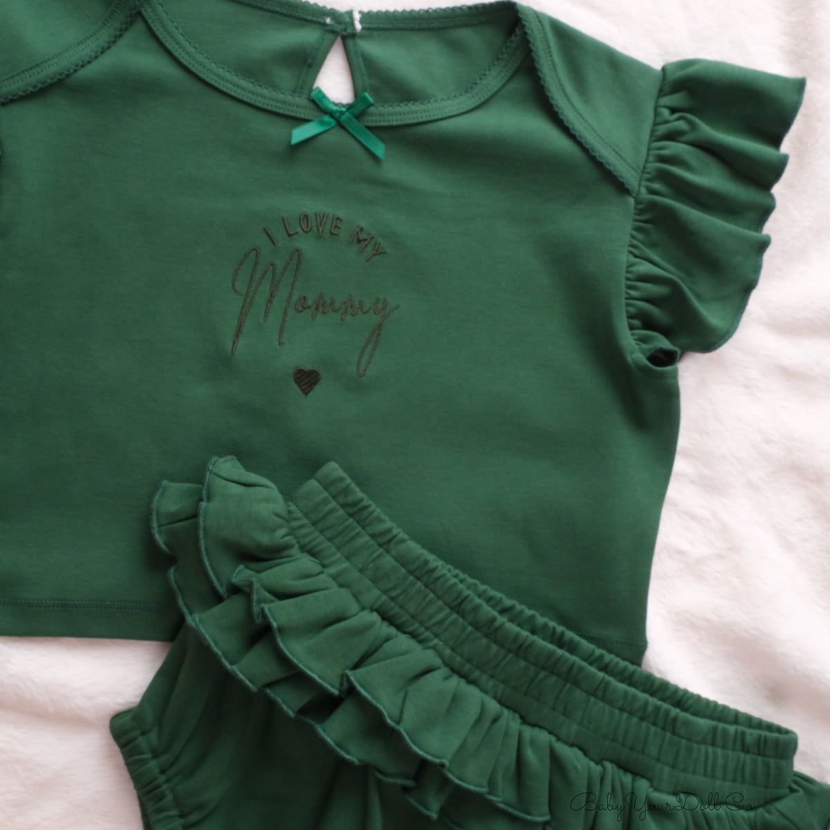 I Love My.. Daddy/Mommy | Green Embroidered Double Ruffle Set