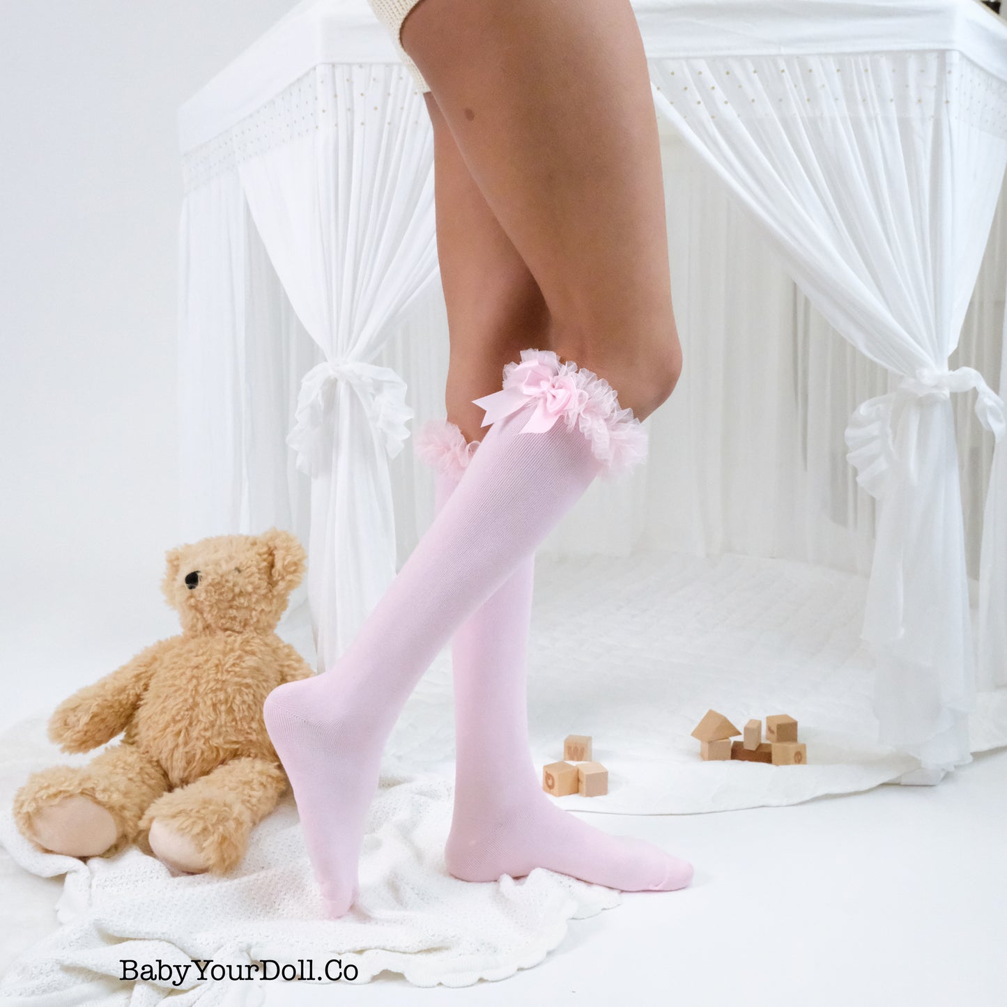Baby Pink | Ruffle Bow Knee Socks