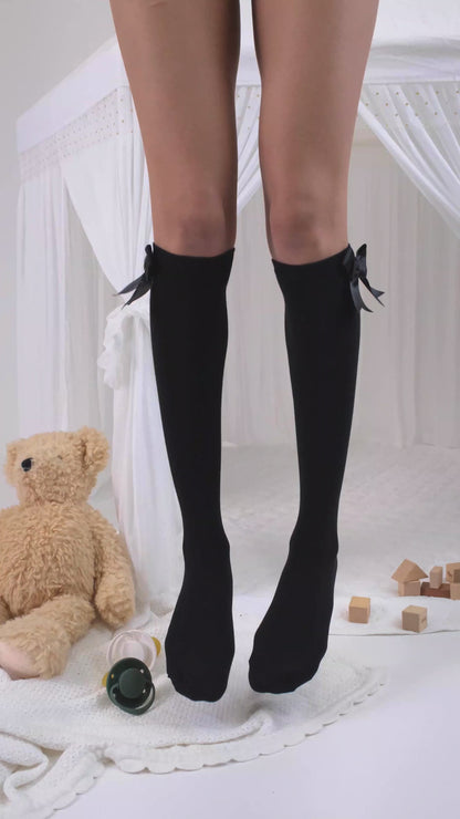 Black | Knee High Bow Socks